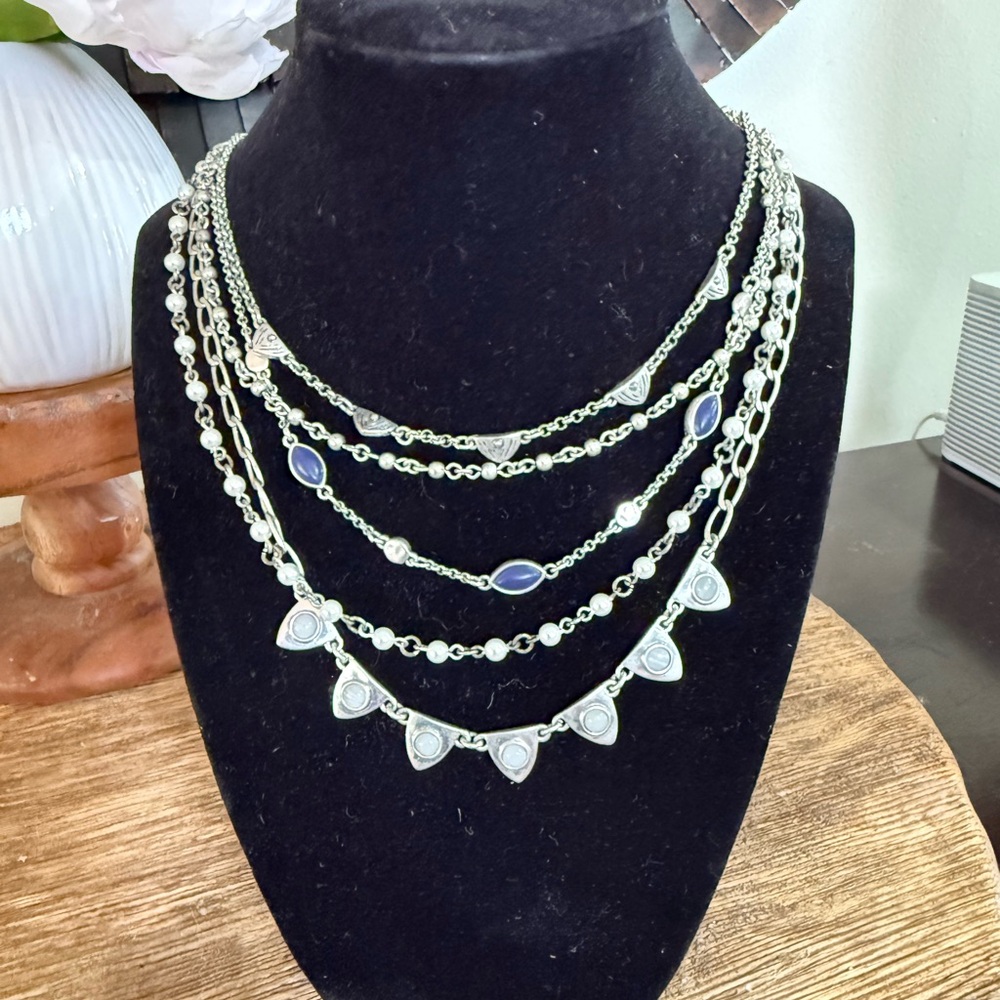 Lucky Brand Layered Silver Necklace with Blue Accents worn Once Gorgeous